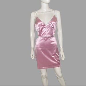 Pink Satin Cutout Mini Dress With Heart Chain‎ Strap Detail